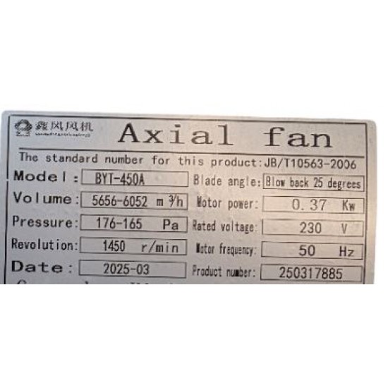 AXIAL FAN BYT-450A Axial fan with WEG Motor,450mm,0.37KW,Air pressure. 176 to 165pa