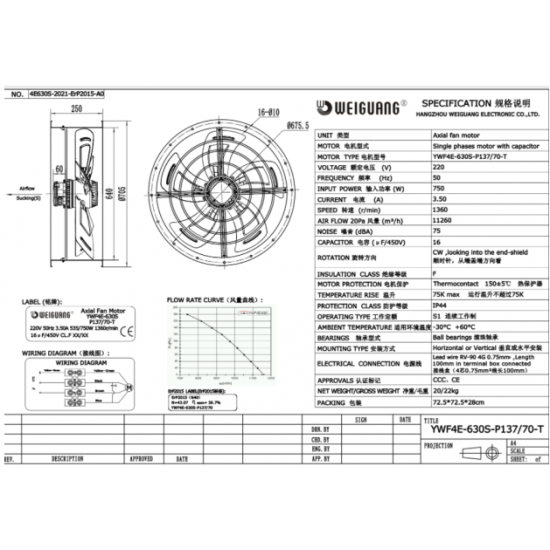AXIAL FAN YWF4E-630S-p137/70-T,Commercial Cased Axial Extractor Canopy Kitchen Restaurant Industrial Duct Fan