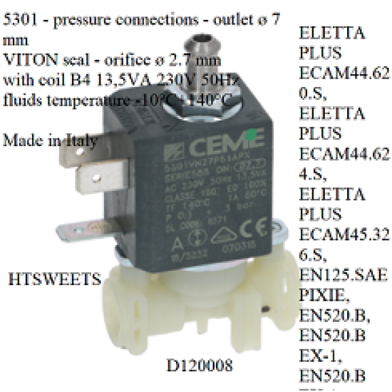 Delonghi ,COFFEE MACHINE,SOLENOID VALVE CEME 3-WAY 230V 50Hz, D120008,