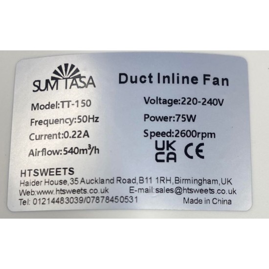 Duct Inline TT Fan Plastic Blades 220-240 voltage With one speed 