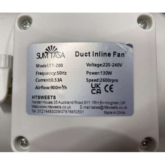 Duct Inline TT Fan Plastic Blades 220-240 voltage With one speed 