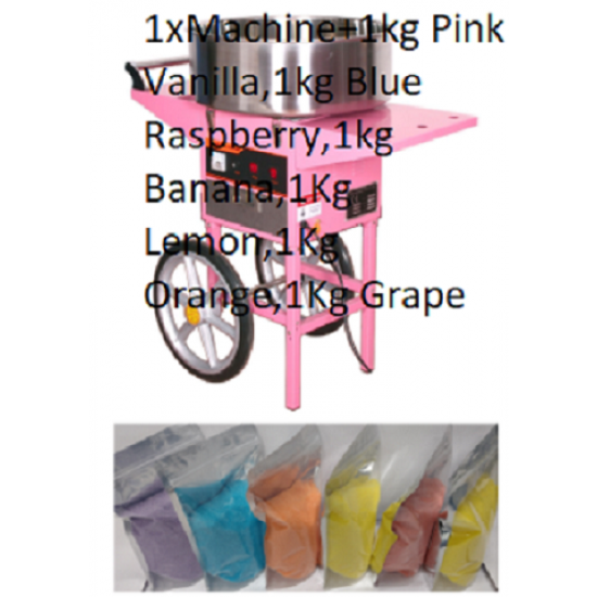 Candyfloss machine with cart + Sugar + Paper Sticks