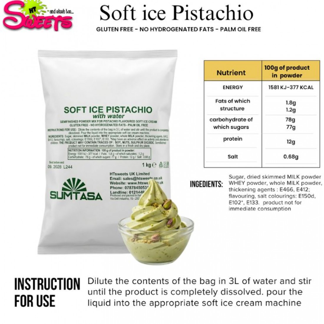 PISTACHIO soft icecream powder mix 100x1KG (100kg) SUMTASA
