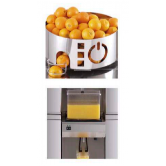 AUTOMATIC REFRIGERATED STAINLESS STEEL CITRUS FRUIT JUICER - Mod. FREEZER - REFRIGERATED CONTAINER +1/+8°C - CAPACITY: 20/25 juiced per minute - FRUIT VOLUME max Ø mm 85