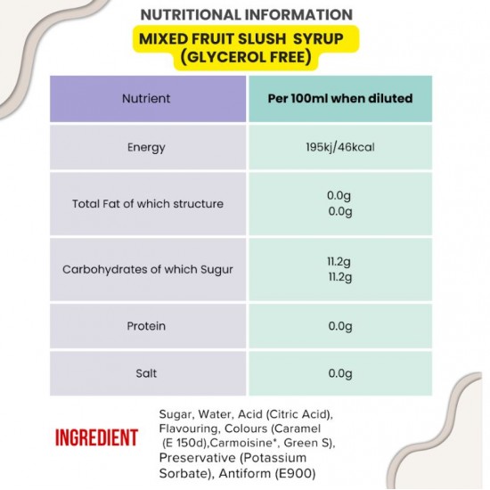 Mixed Fruit Slush Syrup, 1x5 Litre ,NO GLYERINE / GLYCEROL