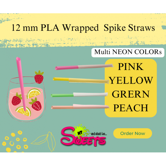 PLA Plastic Biodegradable NEON COLOR STRAIGHT  Individually Wrapped Mixed Straws With a Sharp End 12mm x 240mm