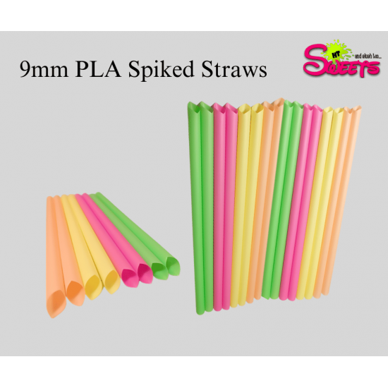 PLA Plastic Biodegradable NEON COLOR STRAIGHT Mixed  Straws With a Sharp End 9mm x 200mm 