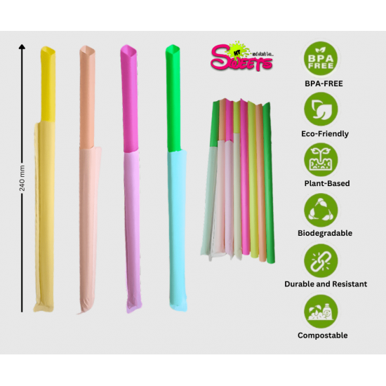 PLA Plastic Biodegradable NEON COLOR STRAIGHT  Individually Wrapped Mixed Straws With a Sharp End 12mm x 240mm