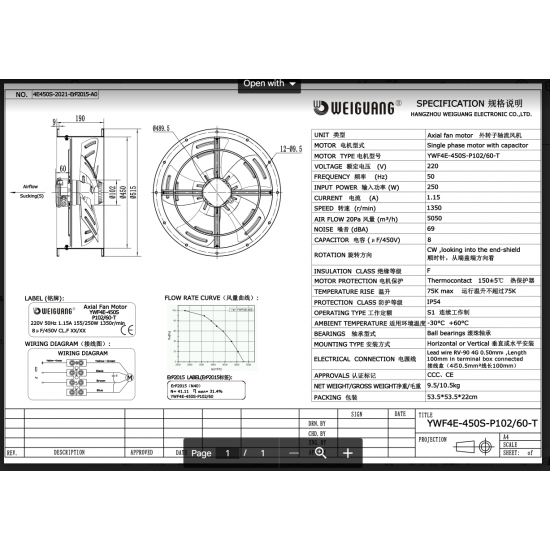 AXIAL FAN YWF4E-450S-102/60-T,Commercial Cased Axial Extractor Canopy Kitchen Restaurant Industrial Duct Fan